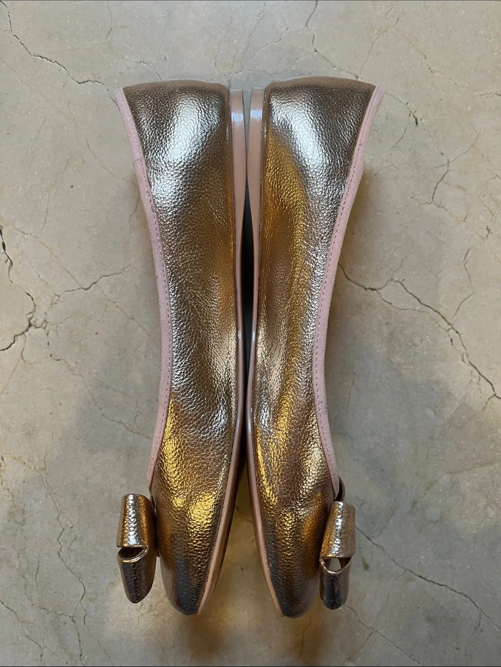 Ted Baker Metallic Rose Gold Bow Ballet Flats with Pink Interior